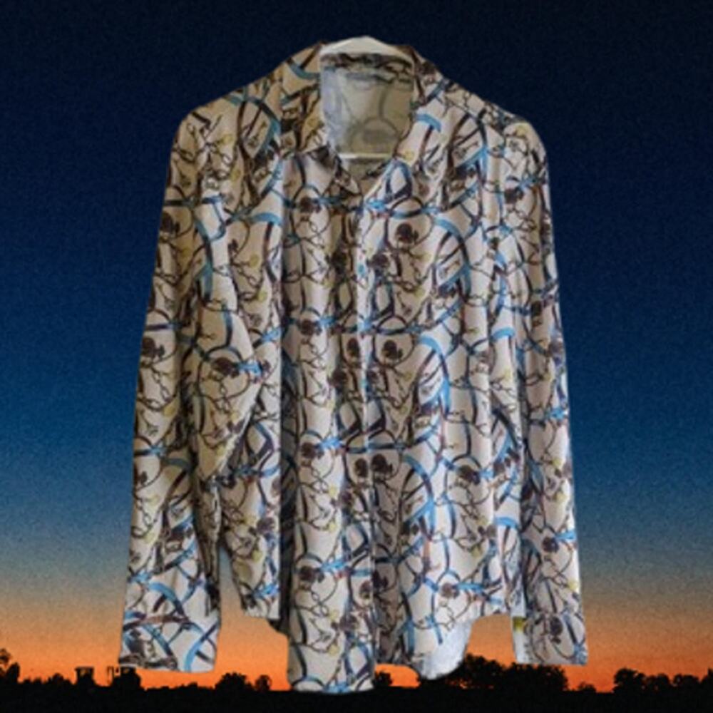 Isabel C. Large long sleeve, western chain print, hidden front button down.